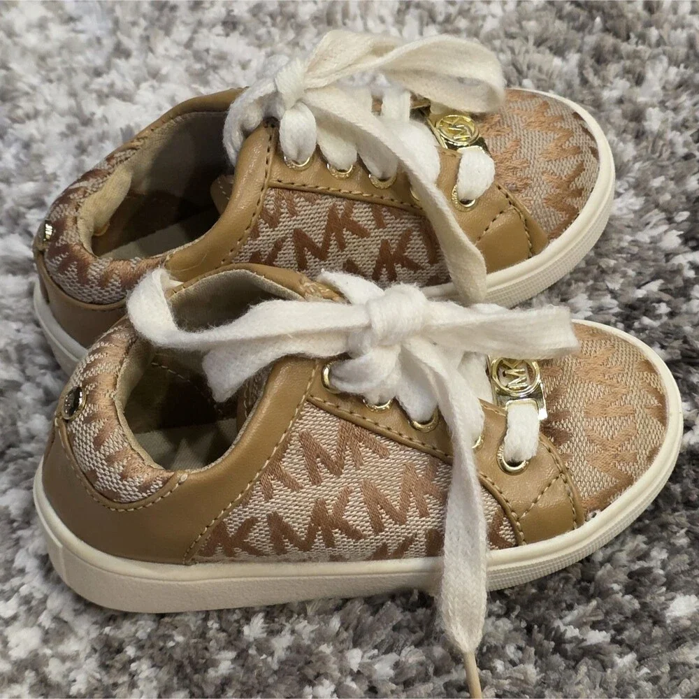 Michael Kors Girls Tan Monogram Logo Sneakers - Size 6